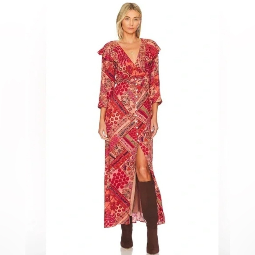 FREE PEOPLE Sz XS Lennon Dress Ruffle Neck Maxi Length Bohemian Patterned NEW